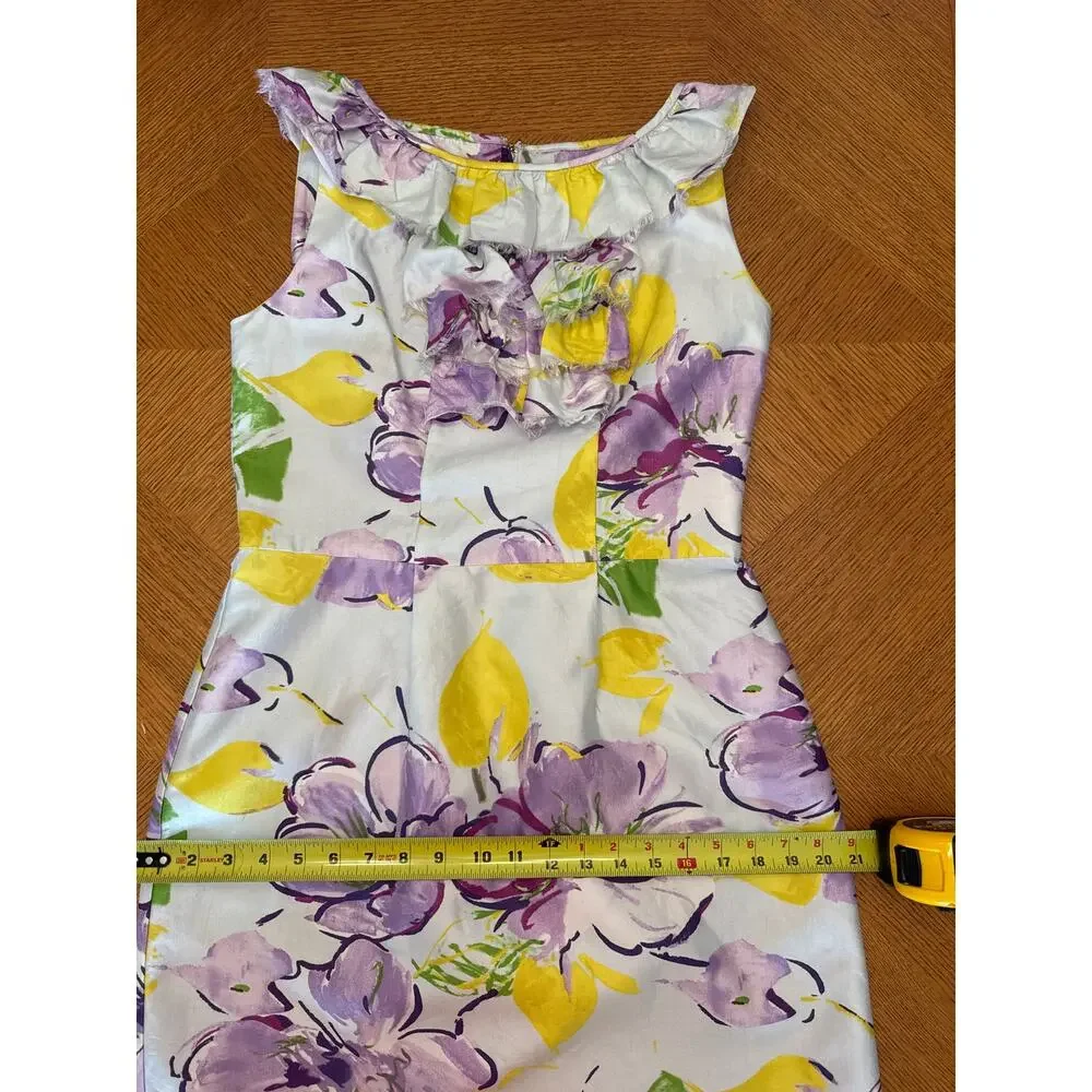 Kate Spade Silk Blend Preppy Feminine Floral Ruffled Purple Yellow Dress Size 8